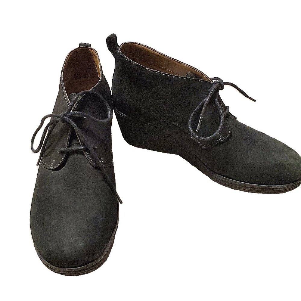 Dansko Cadee Wedge Heel Ankle Bootie Black Nubuck Leather Lace-Up Womens 7.5/38